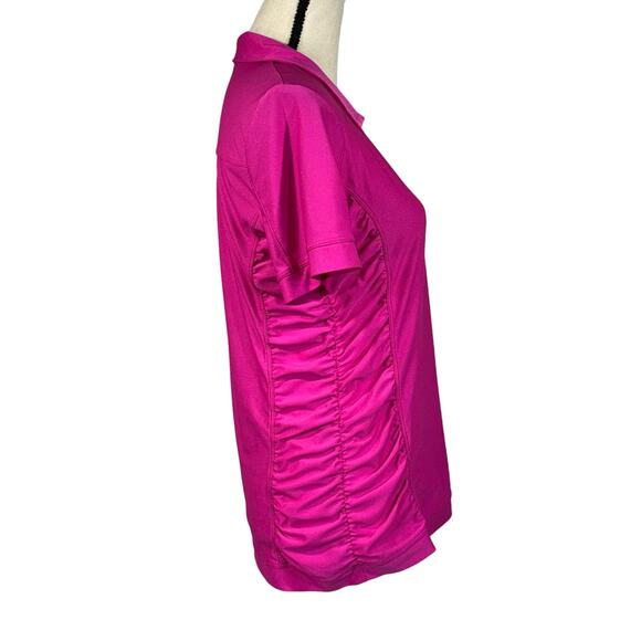 Athleta Medium BIrdie Polo Top V-Neck Stretch Ruched Sides Short Sleeves Pink - Picture 3 of 10